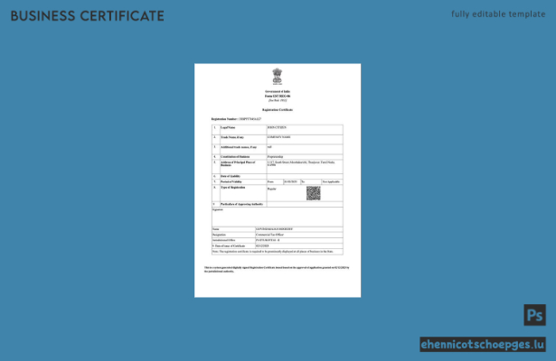 Indisches Registrierungszertifikat – Beispielvorschau in Word und PDF